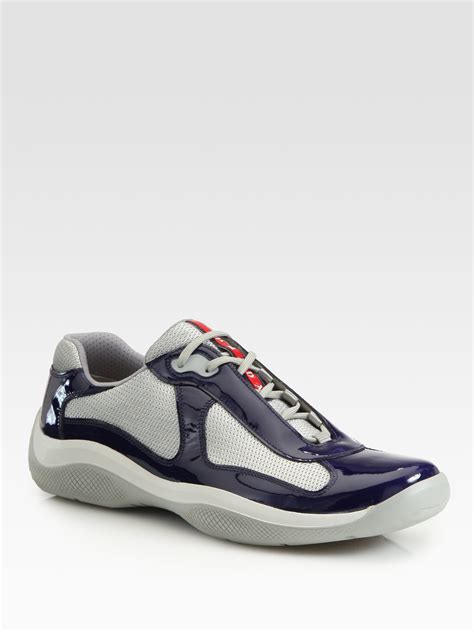 brown blue prada sneaker|blue patent leather Prada sneakers.